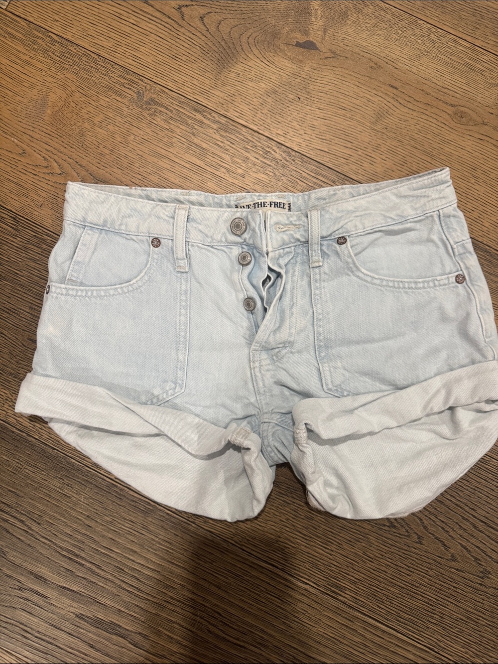 We The Free Light Blue Button-Front Rolled Hem Denim Shorts